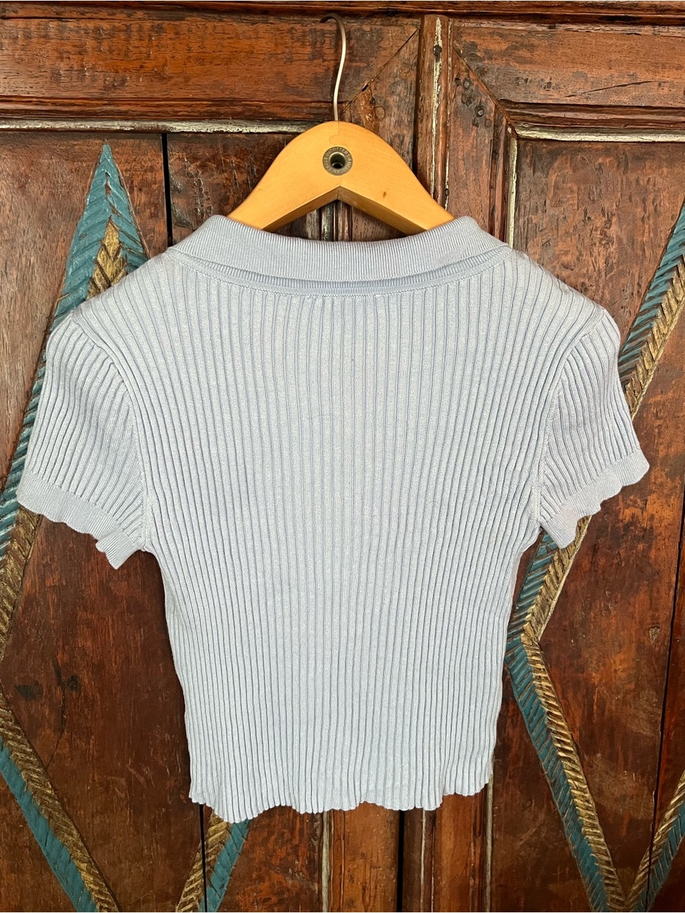 Pink Rose Light Blue Ribbed Button-Front Polo Top - Picture 4 of 5
